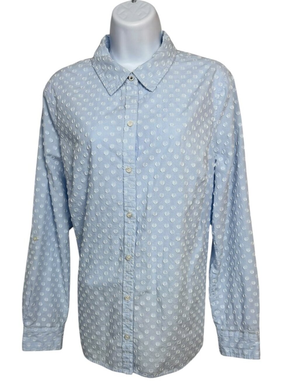 Charter Club Swiss Dot Button Down Shirt Blue Roll Tab Sleeve 12